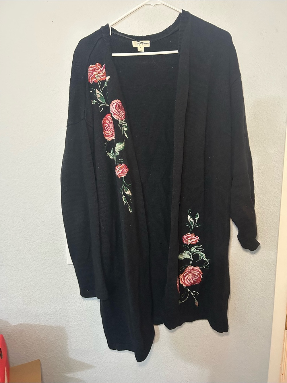 Style & Co. Black Open-Front Cardigan with Rose Embroidery